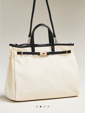 Anthropologie Cream and Black Canvas Tote with Gold Accents